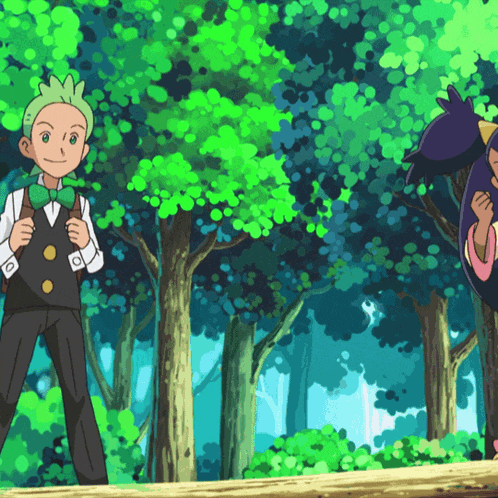 a boy with green hair and a bow tie stands next to a girl with purple hair