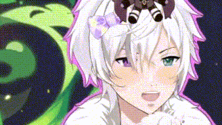 a close up of a cartoon character with white hair and green eyes