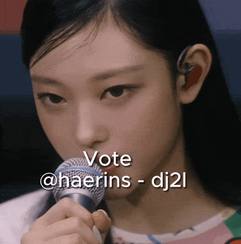 a girl singing into a microphone with the words vote @haerins - dj2l written below her
