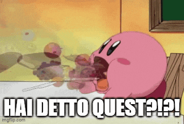 a cartoon character with the words hai detto quest written on the bottom