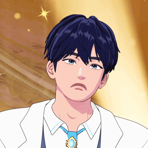 a drawing of a boy with blue hair and a white jacket