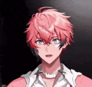 a close up of a person 's face with pink hair and blue eyes .