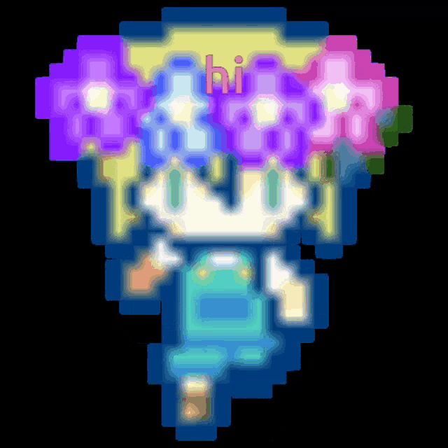 a pixel art of a girl with purple hair and the word hi in red
