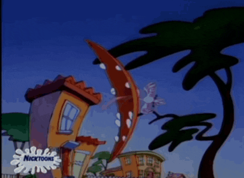 a cartoon scene from nicktoons with a house and palm tree