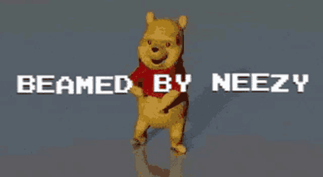 a winnie the pooh bear is dancing with the words beamed by neezy behind him