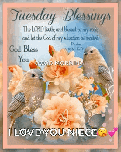a tuesday blessings card with birds and flowers