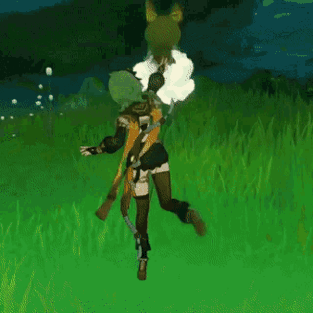 a cartoon character is standing in a field of grass with a cloud behind him .