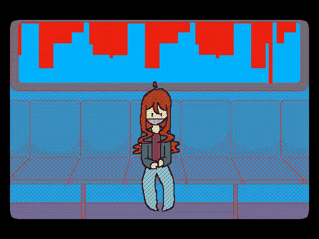 a pixel art of a girl standing in front of a blue wall with red squares on it