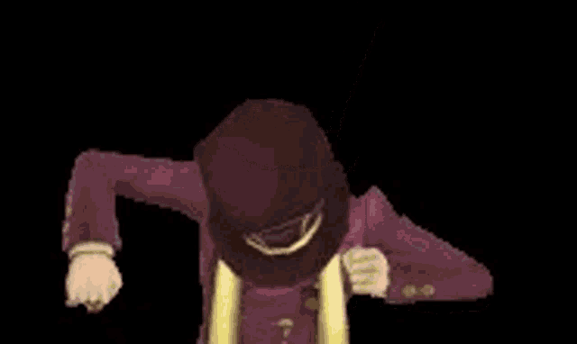 a man wearing a top hat and a purple suit is standing in front of a black background .