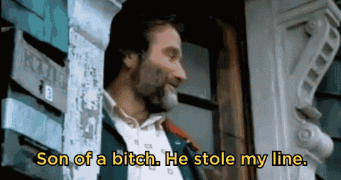 a man is standing in front of a building and saying `` son of a bitch . he stole my line . ''