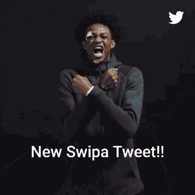 a man with a bandage on his face is screaming with the words " new swipa tweet " below him