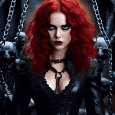 a woman with red hair is surrounded by chains