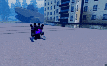 a computer screen shows a purple monster in front of a large building