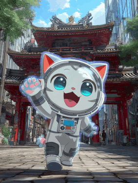 a cartoon cat wearing a space suit is standing in front of a red building