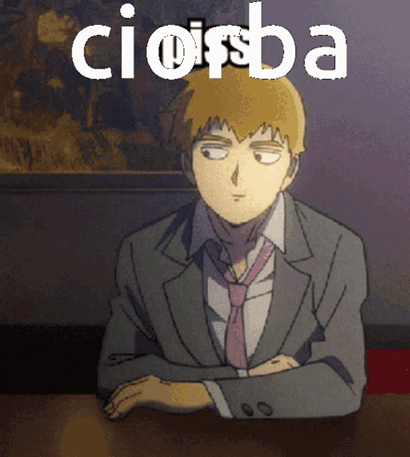 a man in a suit and tie sits at a table with the words ciorsba written above him