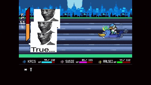 a screenshot of a video game that says true on the top