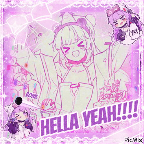 a picture of a girl with the words hella yeah written on it