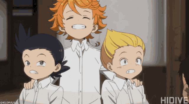 three anime characters are standing next to each other with the word hidive in the bottom right corner
