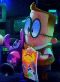 a cartoon character is reading a book while holding a stuffed animal