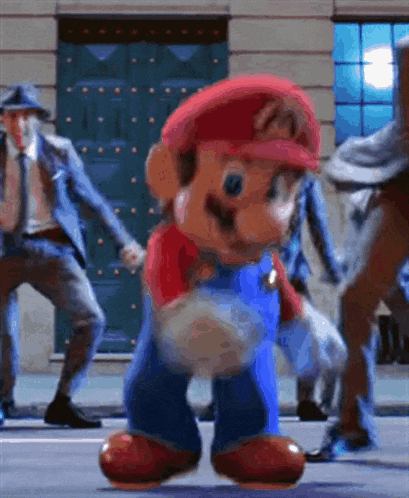 a video game character named mario is dancing on a street with a group of people .