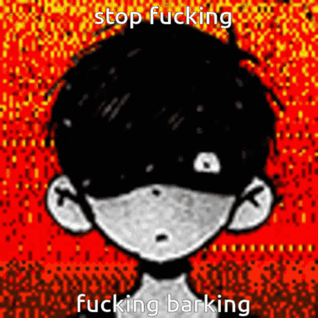 a black and white drawing of a boy with the words stop fucking fucking barking written on it