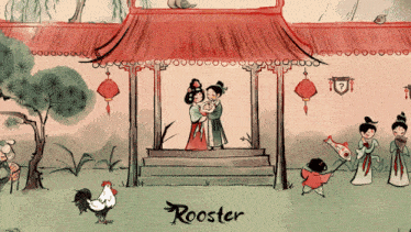 a drawing of a rooster with a woman holding a child