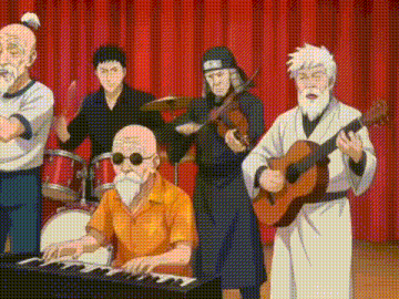 a group of old men are playing musical instruments on a stage .