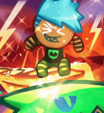 a cartoon character with blue hair and a green mouth is sitting on a rock