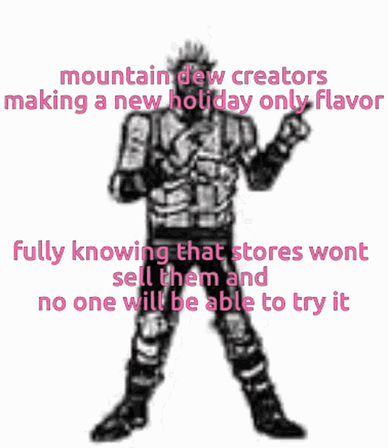 a black and white drawing of a monster with the words mountain dew creators making a new holiday only flavor written above it