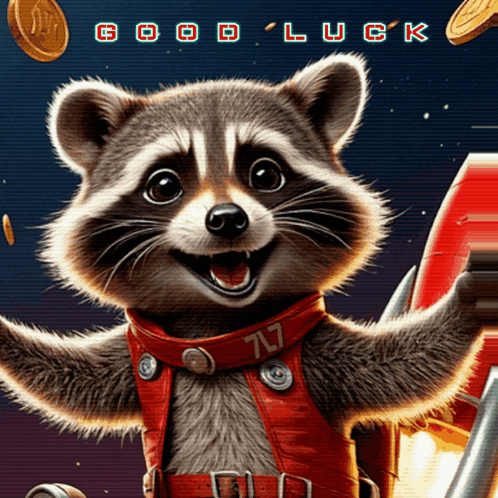 a raccoon wearing a red jumpsuit with the number 747 on it