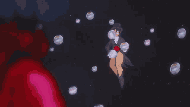 a woman in a top hat is surrounded by bubbles in the air