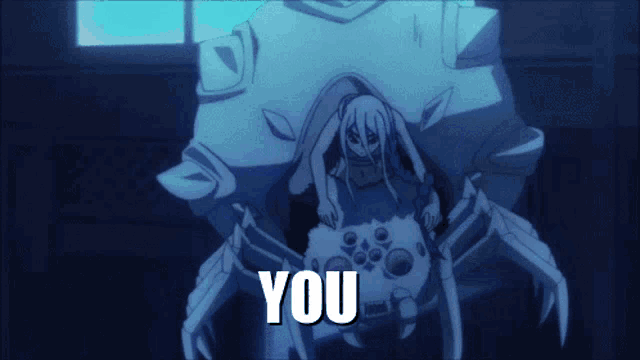 a cartoon of a girl sitting on a spider with the words " you " on the bottom