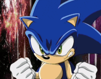 a close up of sonic the hedgehog 's face with his fist in the air