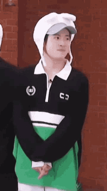 a man wearing a hat with bunny ears and a green shirt is standing in front of a brick wall .