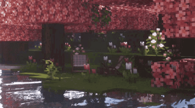 a minecraft scene with pink flowers and a chair