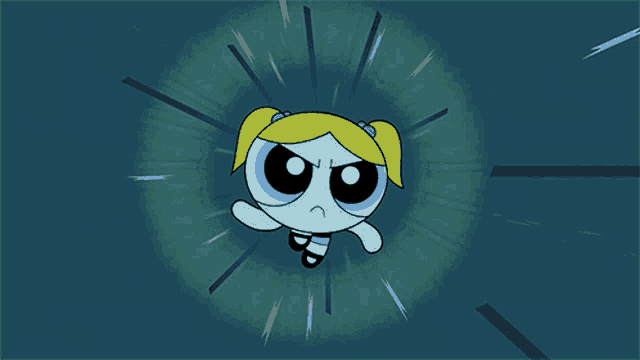 bubbles from the powerpuff girls is flying through the air with an angry expression on her face