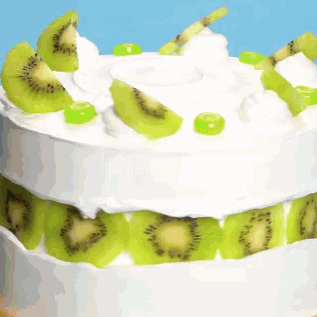 a cake with whipped cream and kiwi slices on it