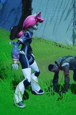 a video game character with a pink head is standing next to a man