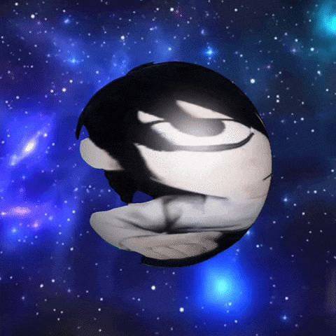 a planet with a face on it is in the middle of a galaxy