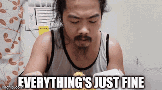 a man with a beard is eating a meal with the words everything 's just fine above him