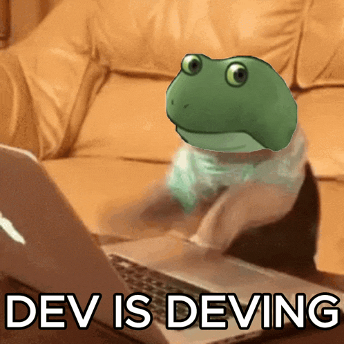 a picture of a frog on a couch with the words dev is deving