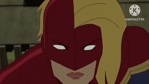 a cartoon of a woman wearing a red mask with white eyes .