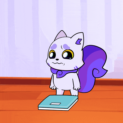 a white and purple cartoon cat is standing on a scale