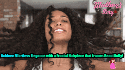 a woman with curly hair is smiling in front of a mother 's day advertisement