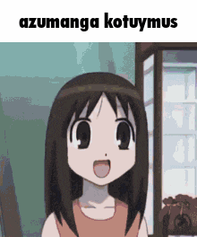 a cartoon girl is standing in front of a window with the words azumanga kotuymus on the bottom