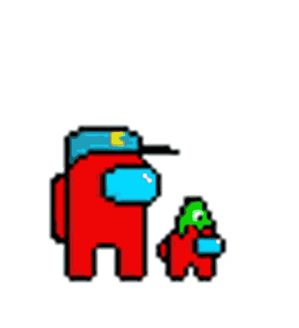 a pixel art of a red among us character with a hat and a smaller character .