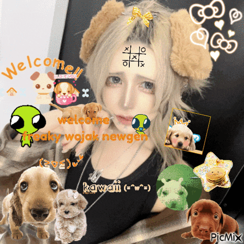 a girl with a x and o on her forehead is surrounded by dogs