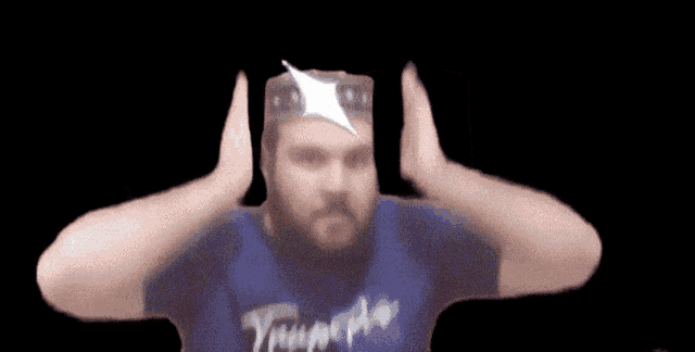 a man wearing a blue shirt that says trooper one
