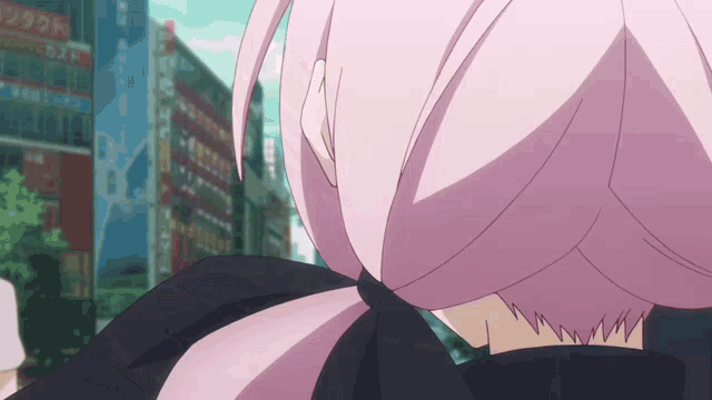 a girl with pink hair stands in front of a building with a sign that says ' コンタクト '