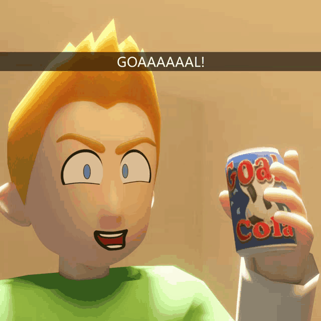 a cartoon character holds a can of goa cola